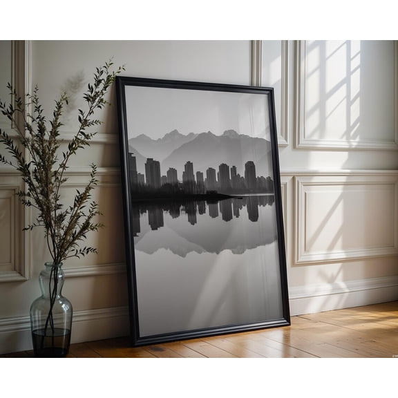 World Landmark Vancouver Skyline Print Black and White Mountain Reflection
