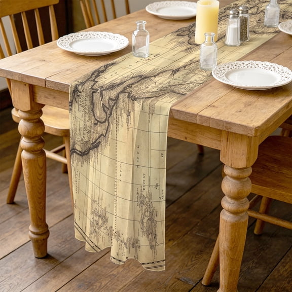 World Map 10ft Cheesecloth Table Runner for Wedding 27"x120", Retro Yellow Plate Line Abstract Kitchen Dinner Sheer Tulle Chiffon Dresser Scarf, Holiday Party Decorations