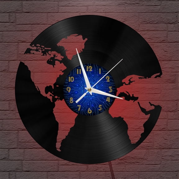 World Map 12 Inch Vinyl Record Wall Clock - Silent, Creative, and Unique Clock for Living Room, Entryway, or Bedroom Decor - Perfect Gift Idea(12 inchs B with LED)