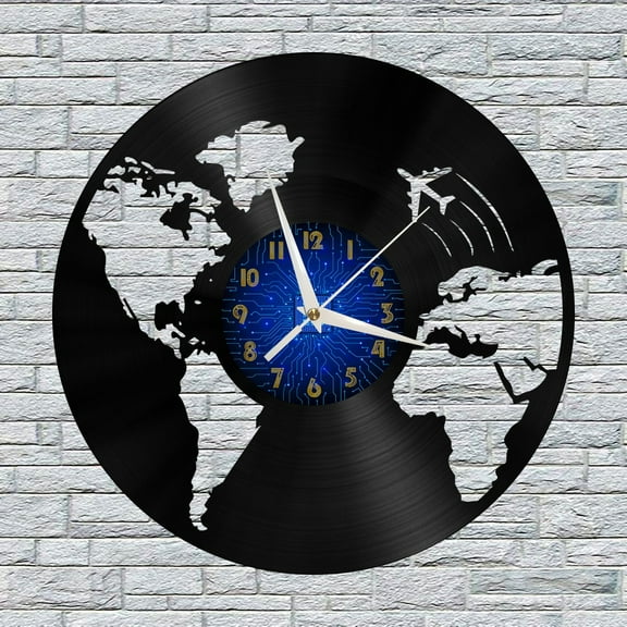 World Map 2 Vinyl Wall Clock, Vinyl Record Clock Wall Art Silent & Non-ticking(12 inchs B)