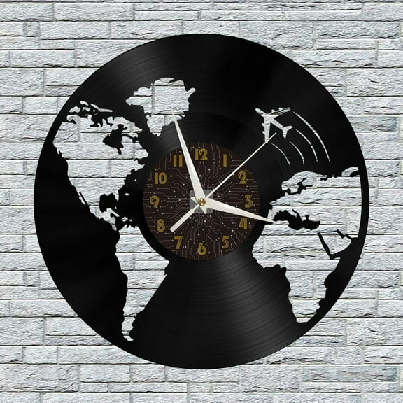 World Map 2 Vinyl Wall Clock, Vinyl Record Clock Wall Art Silent & Non-ticking(12 inchs C)