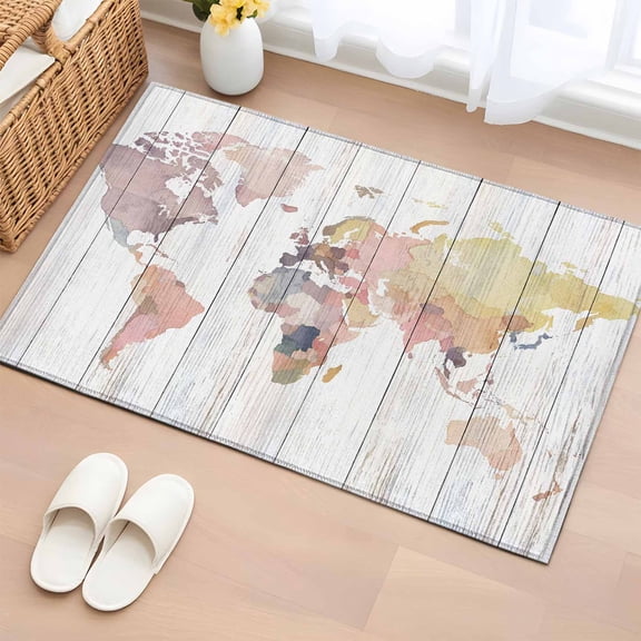 World Map 2'x3' Washable Rug, Farmhouse Abstract Illustration Wooden Grain Non-Slip Soft Doormat Area Rugs for Entrance Bathroom Bedsides, Front Doormat Carpet for Kitchen Bedroom, Entryway Floor Mat