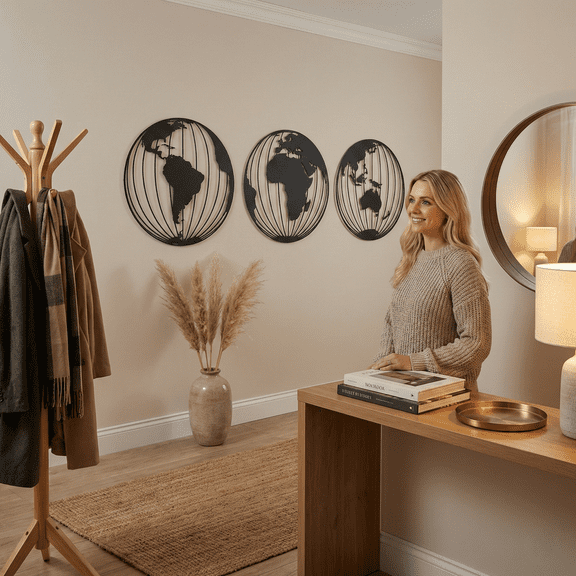 World Map 3 Globes Metal Wall Decor for Home and Outside - Wall-Mounted Geometric Wall Art Decor - Drop Shadow 3D Effect Wall Decoration for Living Room Bedroom