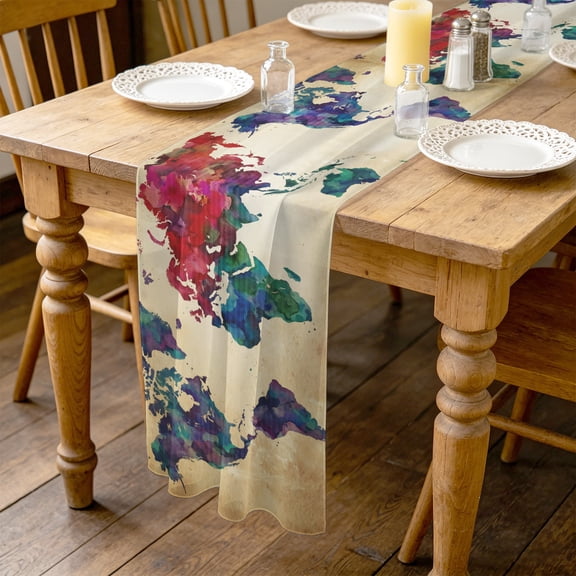 World Map 4.5ft Cheesecloth Table Runner for Wedding 19"x55", Watercolor Splashes Vintage Abstract Map Kitchen Dinner Sheer Tulle Chiffon Dresser Scarf, Holiday Party Decorations