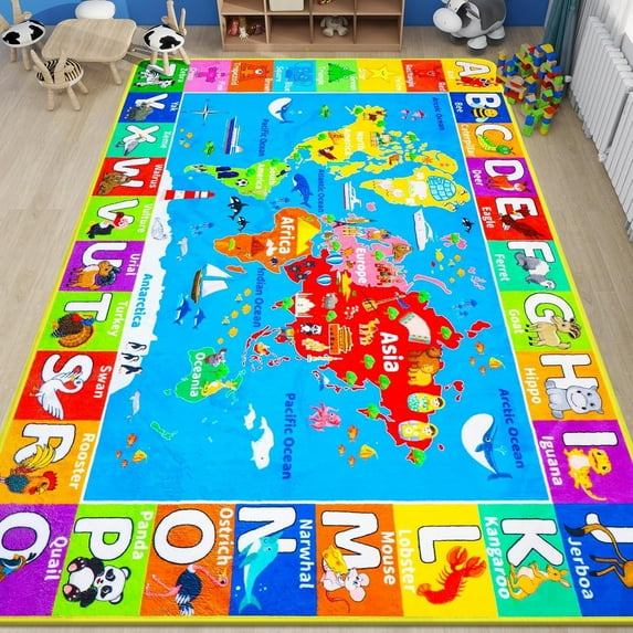 World Map ABC Kid Rug for Playroom 78.7"×59" Geography Classroom Play Rug Educational Baby Playmat Alphabet Rug for Primary School Fluffy Ployester Non-Slip Preschool Rug for Nursery Room