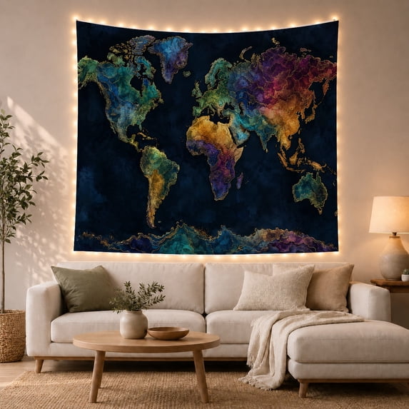 World Map Across a Dark Navy Field, Dramatic Abstract Style for Travel Lovers, Jewel Tone Topographic Wall Art, Housewarming Gift, Tapestry Wall Hanging for Study Room and Den