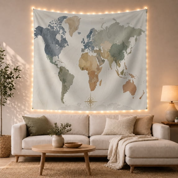 World Map Across Muted Continents and Curved Routes, Calming Minimalist for Travel Lovers, Geography Wall Art, Housewarming Gift, Tapestry Wall Hanging for Study Room and Den