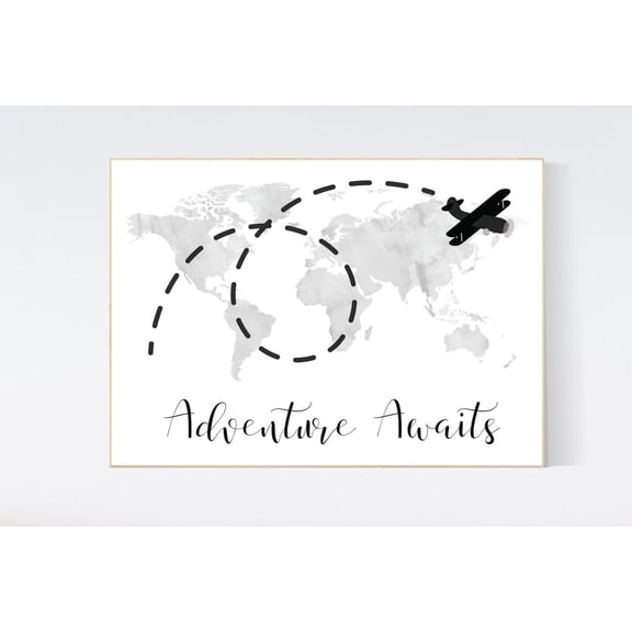 World Map Adventure Airplane Travel Nursery Wall Decor Unframed Paper Print