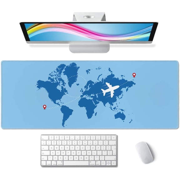 World Map with Airplane Desk Mat Blue Large Mouse Pad XL Extended Gaming Mousepad Keyboard Mouse Mat Desk Pad for Computer Laptop 31.5''X11.8'' Non-Slip Rubber Base with Stitched Edges