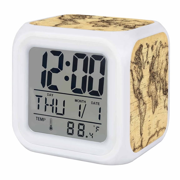 World Map Alarm Clock, Retro Yellow Plate Line Abstract Digital Clock Night Light with 7 Color, Calendar Temperature Display, LED Desk Small Clock for Bedrooms Bedside Living Room