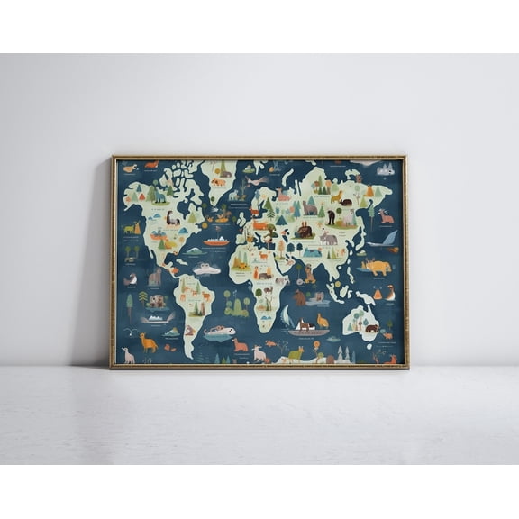 World Map Animal Decor Nursery Wall Art, Unframed Paper Poster 8x10in
