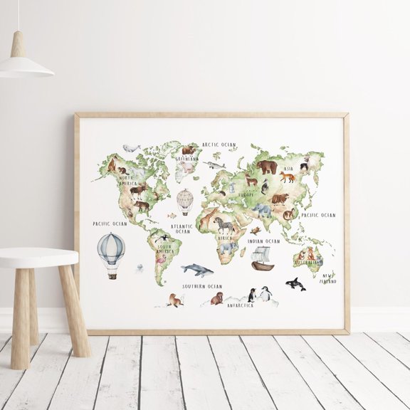 World Map Animal Nursery Green Brown Decor