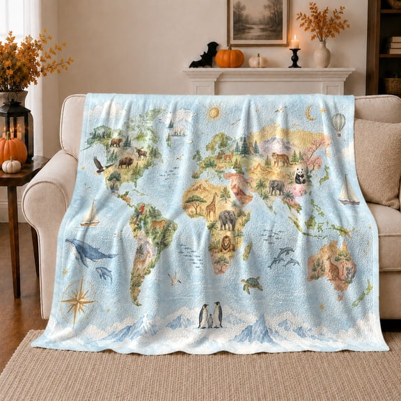 World Map Animal Watercolor, Peaceful Coastal Landscape Scene, Warm Flannel Blanket for Cabin and Lodge with Detailed Artwork, Beach Lovers Valentine's Day Gift, Coastal Home Decor