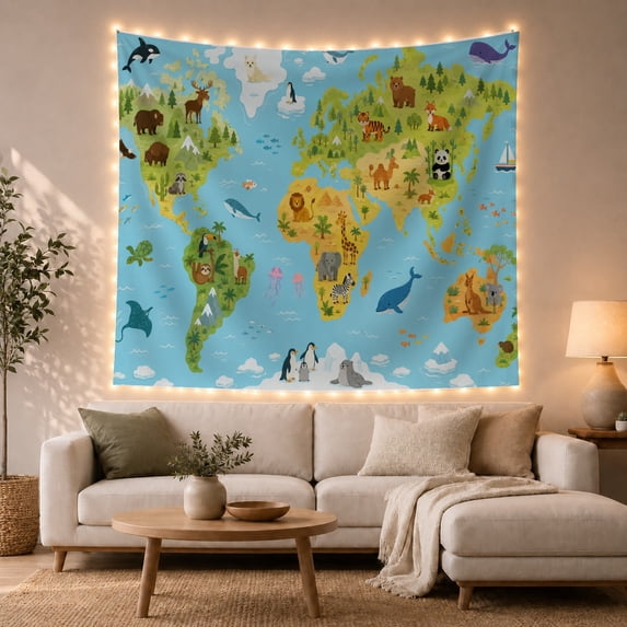 World Map Animals Across Continents and Oceans, Playful Illustration for Kids, Educational Wall Art, Back to School Gift, Tapestry Wall Hanging for Classroom and Playroom