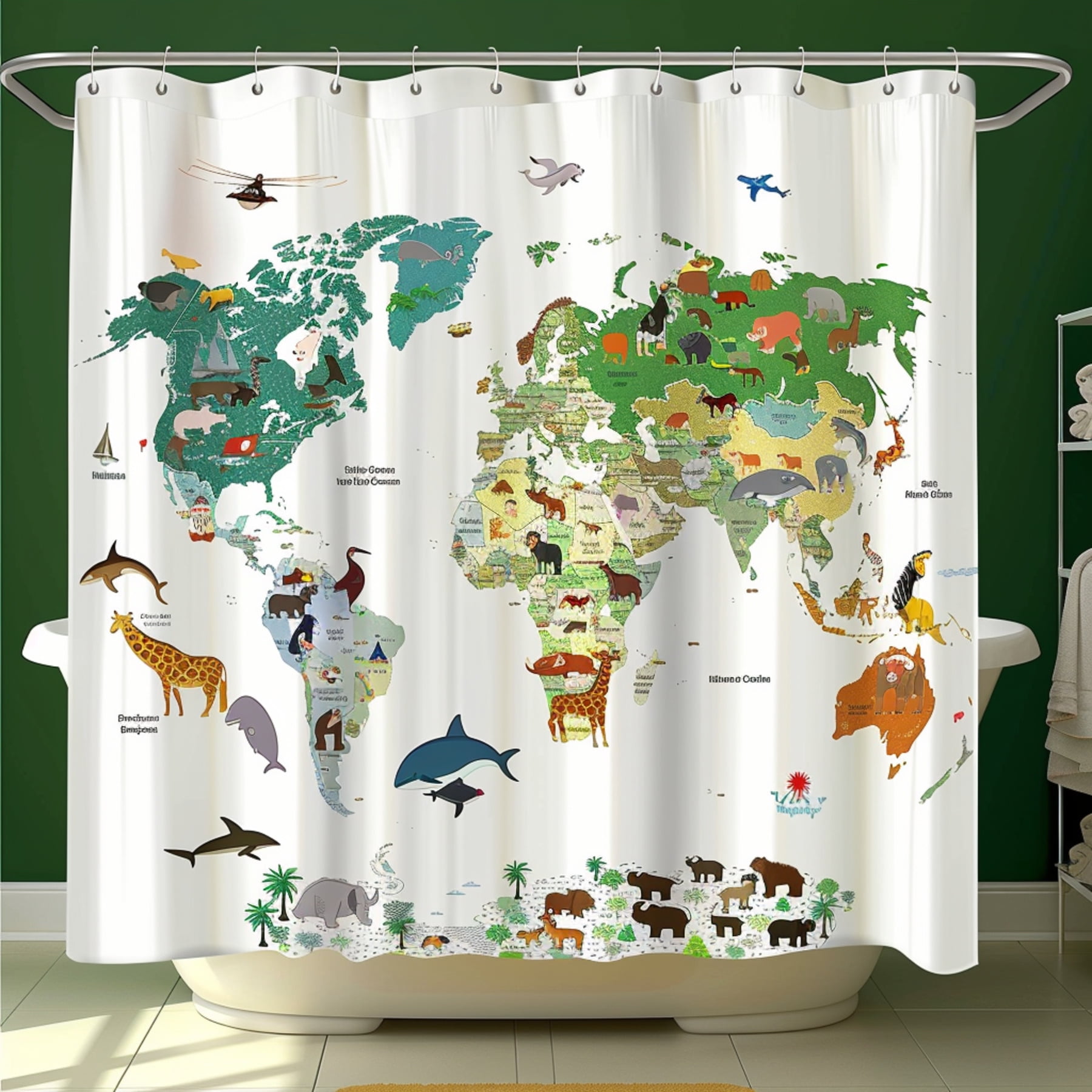 World Map Animals Kids Shower Curtain Cute Cartoon Design Educational
