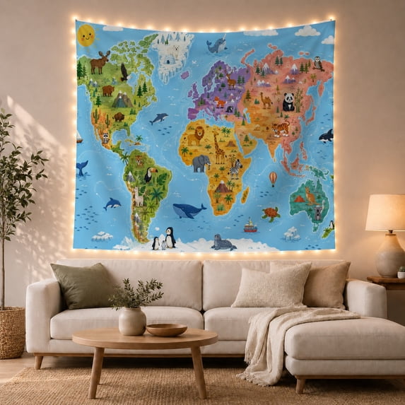 World Map with Animals and Ocean Life Playful Illustration for Kids, Educational Wall Art Decor, Birthday Gift Tapestry Wall Hanging for Bedroom and Classroom
