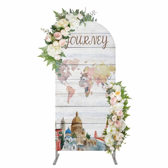 World Map Arch Backdrop Cover 4FT, Country Famous Building Tourism Bridge Wooden Spandex Fitted Stretchy Arch Stand Covers, Round Top Chiara Backdrop Cover for Wedding Party Birthday Baby Shower