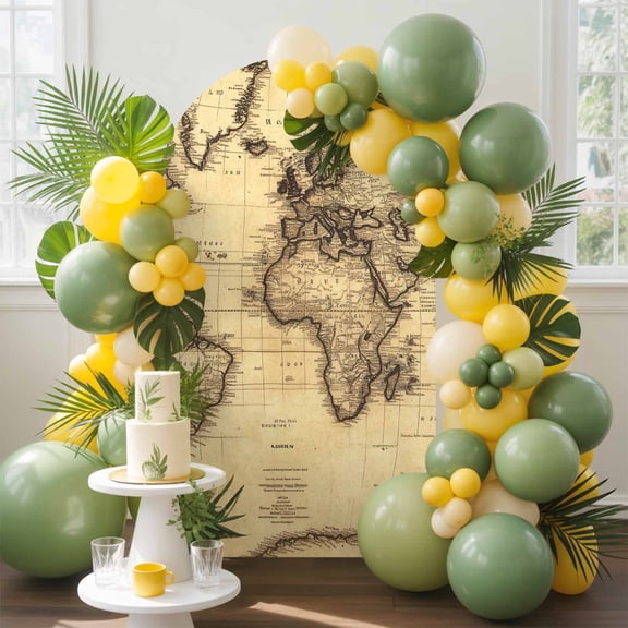 World Map Arch Backdrop Cover, 4FT, Retro Yellow Plate Line Abstract Spandex Arch Covers Double-Sided Backdrop for Wedding Birthday Party Photo Background Decoration