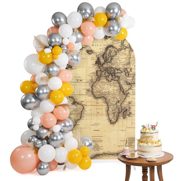 World Map Arch Backdrop Cover 4FT Retro Yellow Plate Line Abstract Spandex Fitted Arch Covers Stretchy Backdrop Decoration for Wedding Birthday Graduation Party