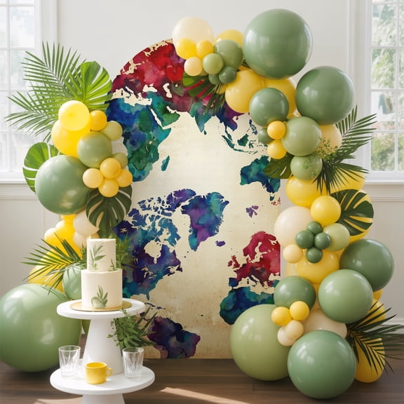 World Map Arch Backdrop Cover, 4FT, Watercolor Splashes Vintage Abstract Map Spandex Arch Covers Double-Sided Backdrop for Wedding Birthday Party Photo Background Decoration