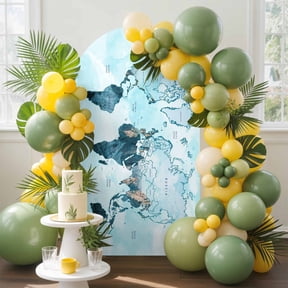 World Map Arch Backdrop Cover, 5FT, Blue Map Abstract Spandex Arch Covers Double-Sided Backdrop for Wedding Birthday Party Photo Background Decoration