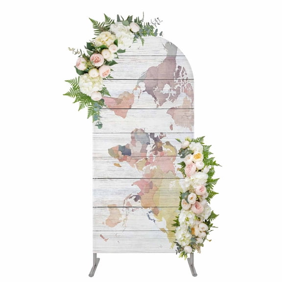 World Map Arch Backdrop Cover 5FT, Farmhouse Abstract Illustration Wooden Grain Spandex Fitted Stretchy Arch Stand Covers, Round Top Chiara Backdrop Cover for Wedding Party Birthday Baby Shower