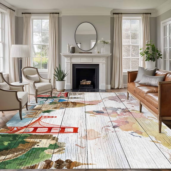 World Map Area Rug 5x8 Washable Rug Non Slip Country Famous Building Tourism Bridge Wooden Large Area Rug Soft Stainresistant Indoor Floor Carpet for Living Room Bedroom Home Office Dining Room