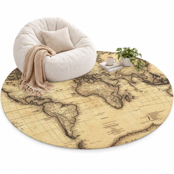 World Map Area Rug 6', Retro Yellow Plate Line Abstract Soft Mat Non ...