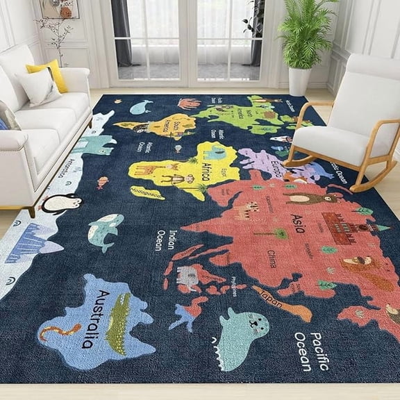 World Map Area Rug, Navy Blue World Animals Educational Living Room Rugs, Indoor Non-Slip Kids Rugs, Washable Breathable Durable Carpet for Living Room Bedroom Study Dining Room 2 x 3ft