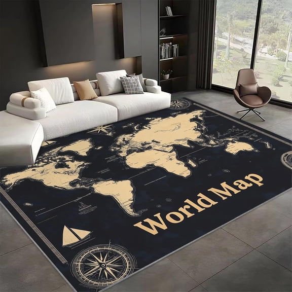 World Map Area Rugs, Black Modern Carpet, Washable Non Slip Low Pile Soft Rug for Living Room Bedroom Dining Room Office Home Decor Mat 5x8ft