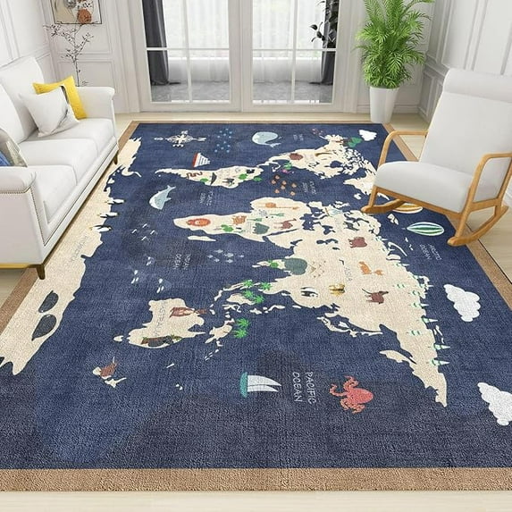 World Map Area Rugs, Cartoon Animals Kids Rug, Ocean Educational Rug Multipurpose Washable Rug For Children Bedrooms And Playroom 4' x 6'