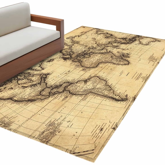 World Map Area Rug 4x6ft Retro Yellow Plate Line Abstract Non-Slip Washable Square Rugs Soft Felt Indoor Floor Mat for Bedroom Kitchen Living Room Bathroom