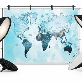 World Map Backdrop for Photography, Blue Map Abstract Photo Backdrop Portrait Background Party Banner Photo Backgrounds for Studio Booth Props, 12x8ft