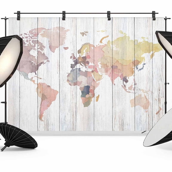 World Map Backdrop for Photoshoot,Photography Photo Studio Background Wall Backdrop,Farmhouse Abstract Illustration Wooden Grain Back Drop Banner Panel for Portraits Wedding Live Streaming 7x5Ft