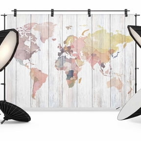 World Map Backdrop for Photoshoot,Photography Photo Studio Background Wall Backdrop,Farmhouse Abstract Illustration Wooden Grain Back Drop Banner Panel for Portraits Wedding Live Streaming 12x8Ft