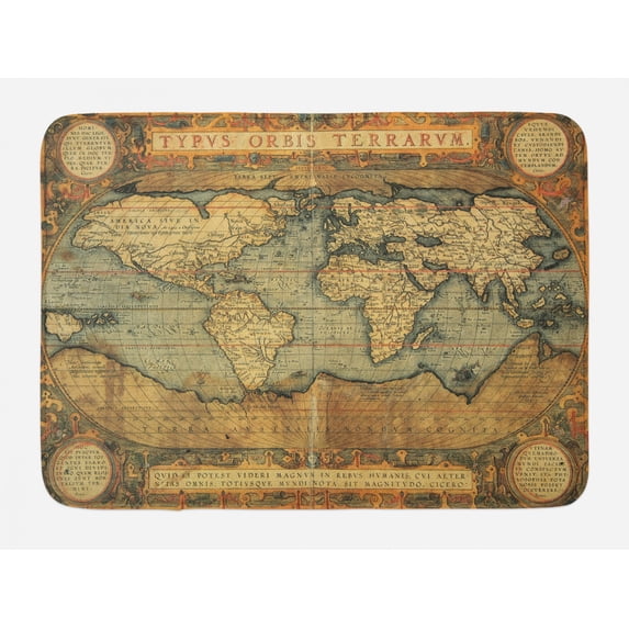 World Map Bath Mat, Ancient Old Chart Vintage Reproduction of 16th Century Atlas Print, Non-Slip Plush Mat Bathroom Kitchen Laundry Room Decor, 29.5 X 17.5 Inches, Sand Brown Slate Blue, Ambesonne