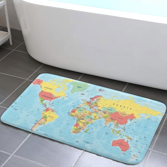World Map Bathroom Rug, Map of World Educational Student Bathroom Accessories Shower Mat, Asia Europe South City Topography America Africa Japan Non Slip Bathtub Mat Bath Rugs, 15.7X23.6in