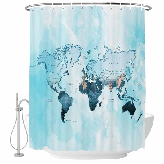 World Map Bathroom Shower Curtains with Hooks, Blue Map Abstract Waterproof Fabric Washable Shower Curtain for Home Hotel Bathtub Decor 60x72 Inch
