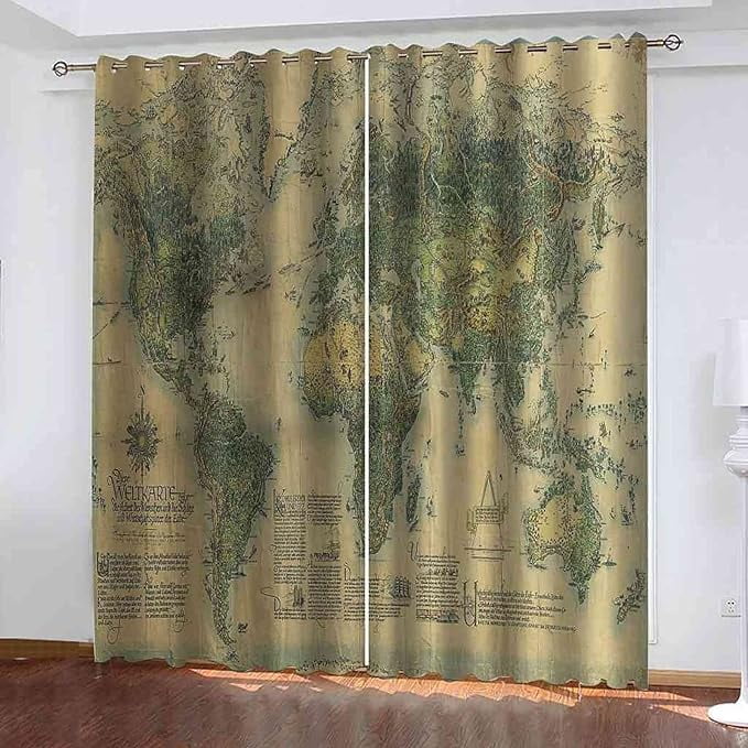 World Map Blackout Window Curtain, Retro Abstract Map 3D Printed Drapes ...