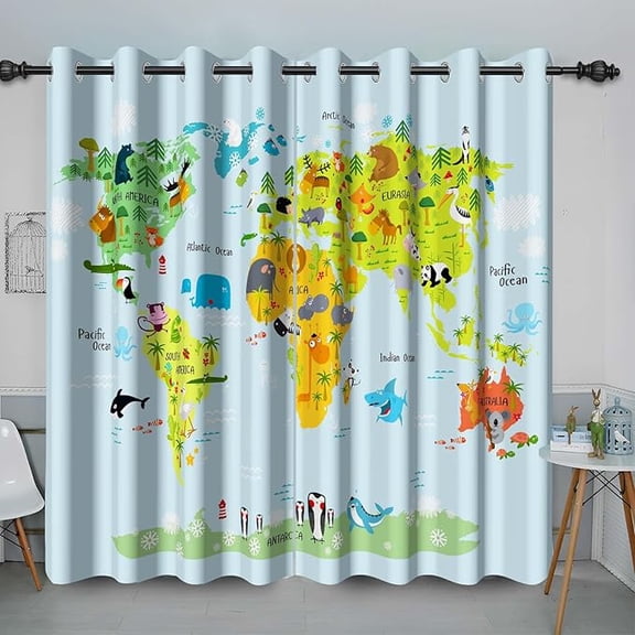 World Map Blackout Window Curtains For Bedroom Toddlers Funny Geography Educational Window Drapes Kids Cartoon Animals Continents Oceans World Map Grommets Curtain 53"W x 96"L (Pack of 2)