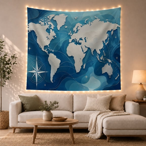 World Map With Blue Swirl Background, Adventurous Coastal Style for Travel Lovers, Decorative Map Art, Housewarming Gift, Tapestry Wall Hanging for Living Room and Bedroom