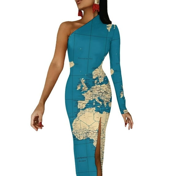 World Map Bodycon Dress Woman Vintage Map of The World 1897 Retro Maxi Dress Long Sleeve Aesthetic Dresses Birthday Present