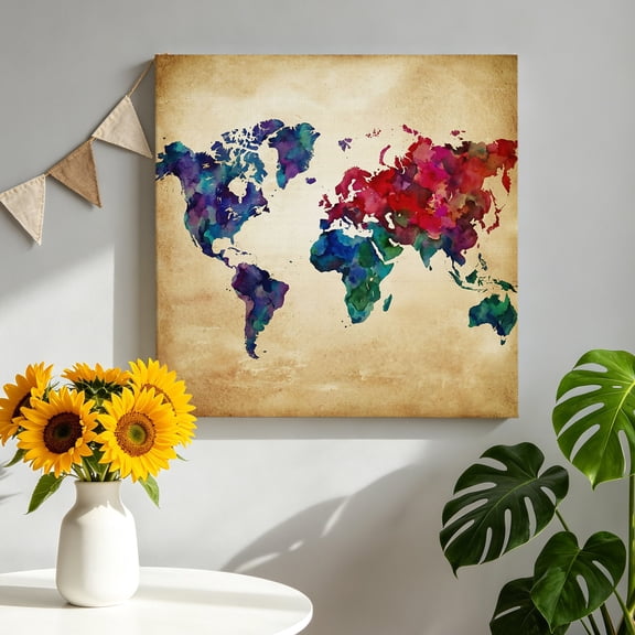 World Map Canvas Wall Art for Living Room, Watercolor Splashes Vintage Abstract Map Poster Print Painting for Bedroom Office Home Decoration Wall Pictures Prepare To Hang 8"x8"