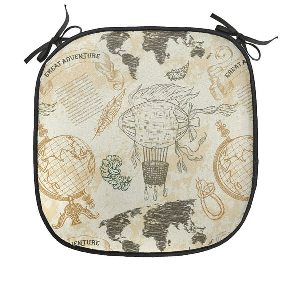 World Map Chair Seating Cushion, Pattern Vintage Globe Atlas Theme Airship Knots Ribbon Retro Print, Soft Seat Pads for Office with Anti-slip Backing, 16"x16", Beige Olive Green, by Ambesonne