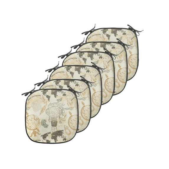 World Map Chair Seating Cushion Set of 6, Pattern Vintage Globe Atlas Theme Airship Knots Ribbon Retro Print, Seat Pads for Office with Anti-slip Backing, 16"x16", Beige Olive Green, by Ambesonne