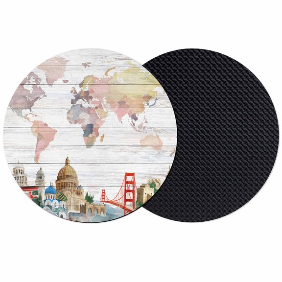 World Map Coasters Set of 2, Absorbent Coasters for Drinks, Country Famous Building Tourism Bridge Wooden Coaster for Desk Coffee Table Protection, Home Decor House Warming Gifts 4"