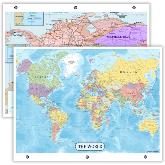 World Map & Colombia Map Reference Page – Laminated, Double-Sided 3-Ring Binder Insert – Durable Gloss Geography Chart for (2 Pack)