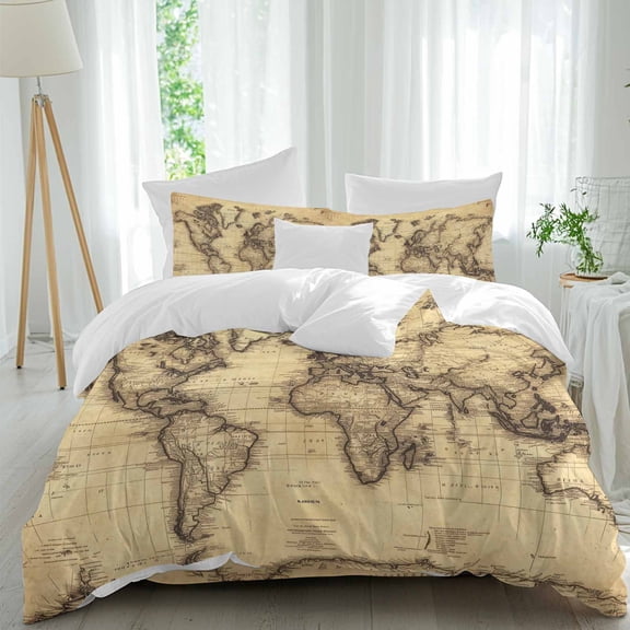World Map Comforter Set Full Size, Retro Yellow Plate Line Abstract Soft Bedding Set for Man Woman, 4 Pieces Duvet Cover Set with Fitted Sheet, 2 Pillowcases