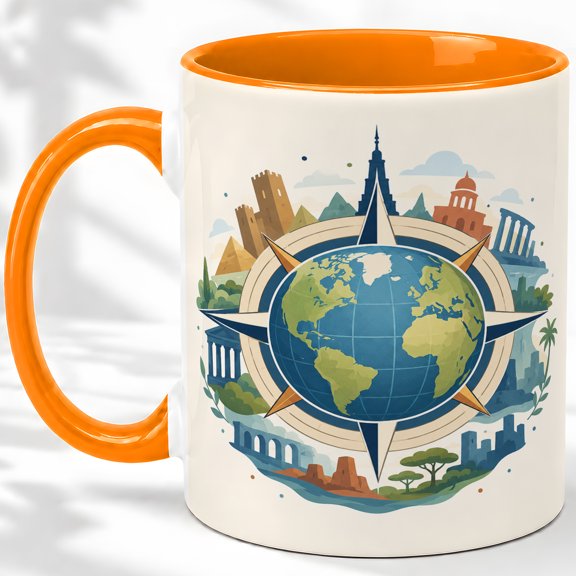 World Map Compass Accent Mug, 11oz Ceramic Coffee Cup for Travelers