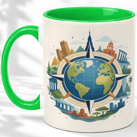 World Map Compass Accent Mug, 11oz Ceramic Coffee Cup for Travelers